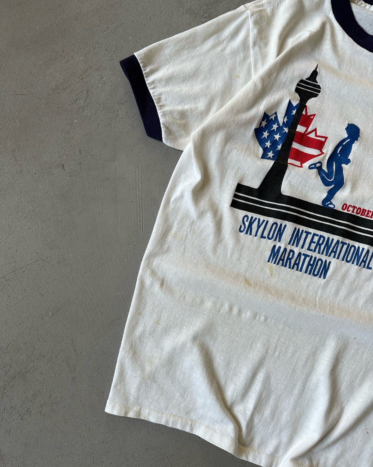1980s - White/Navy Skylon Ringer T-Shirt - S