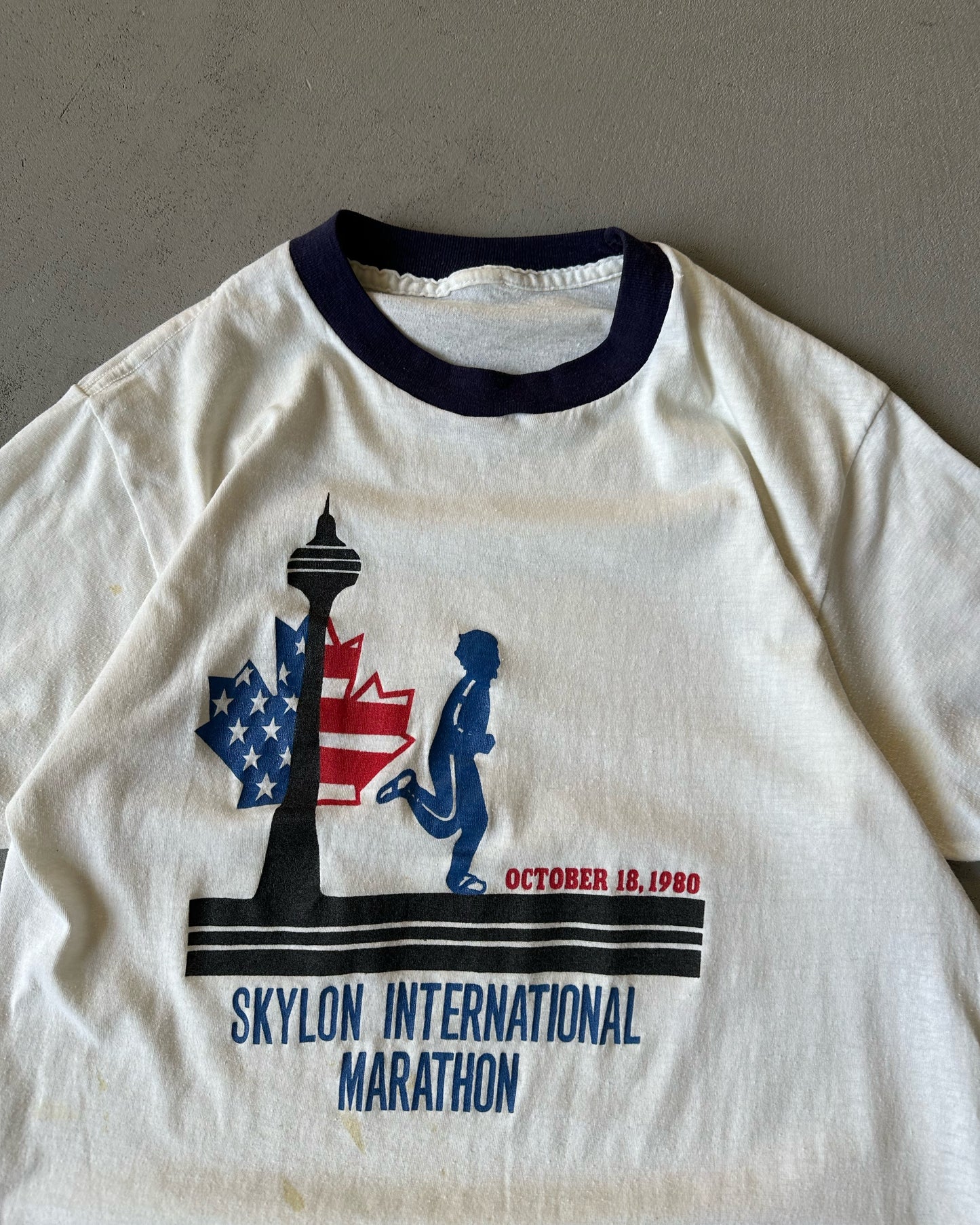 1980s - White/Navy Skylon Ringer T-Shirt - S
