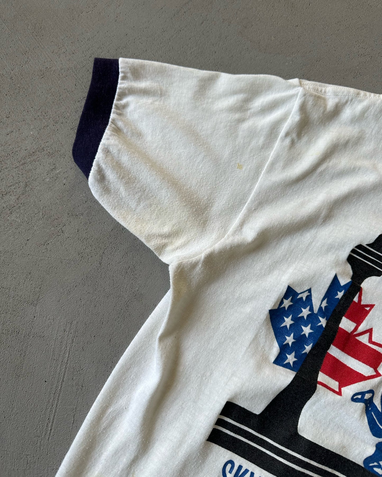 1980s - White/Navy Skylon Ringer T-Shirt - S