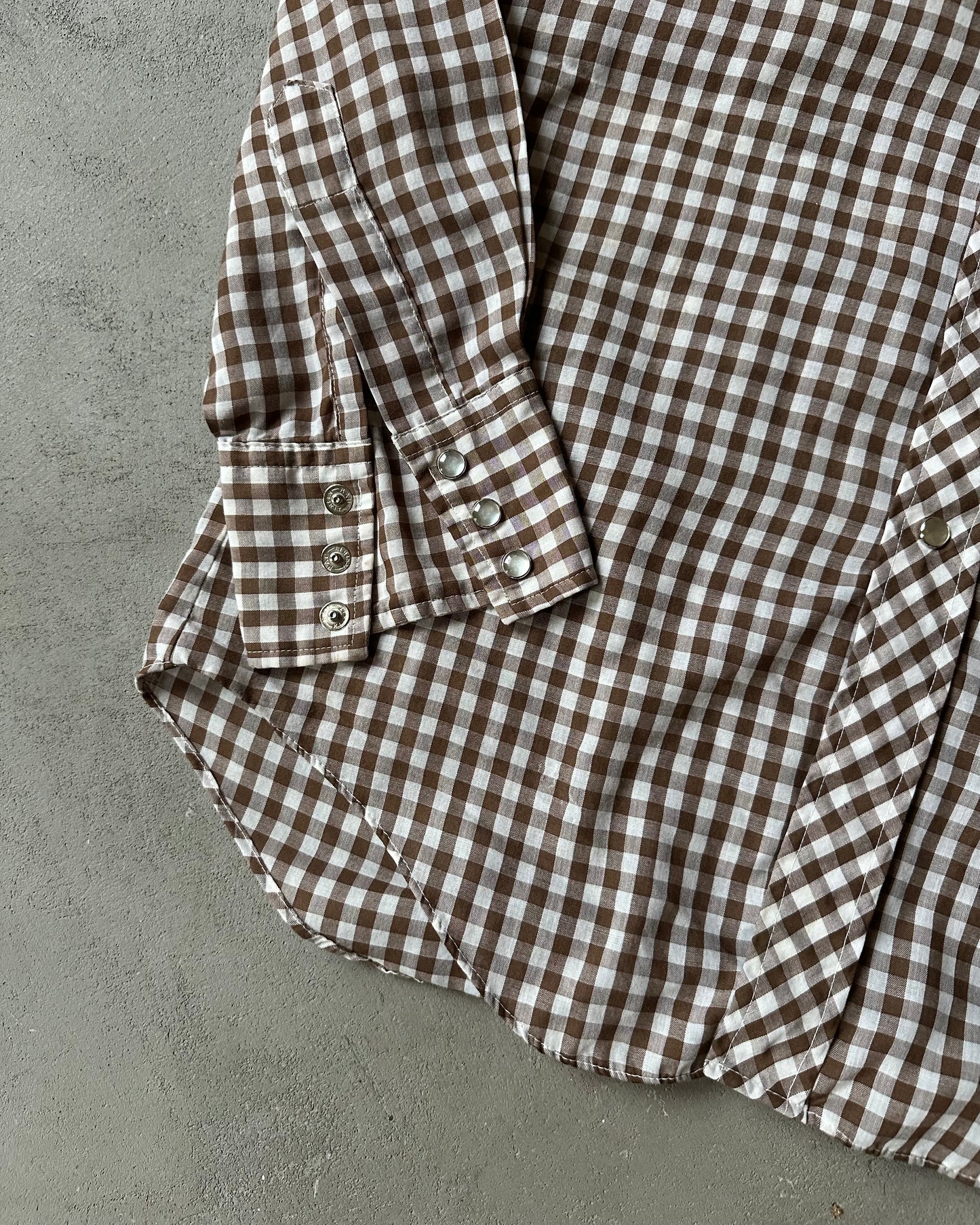 1970s - Brown/Cream LEE Gingham Pearl Snap Shirt - M/L