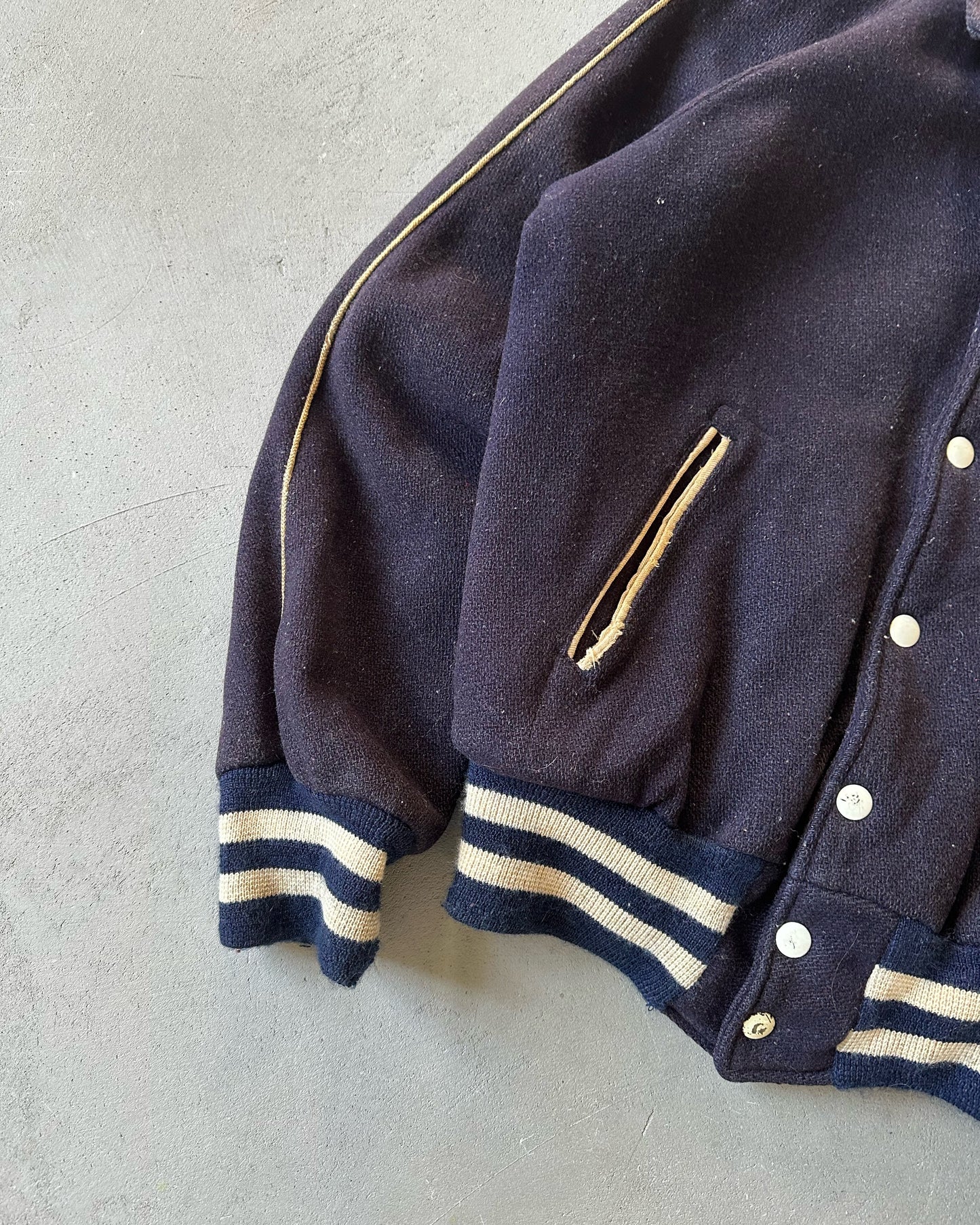 1960s - Distressed Navy Tilden Wool Varsity Jacket - XS/S
