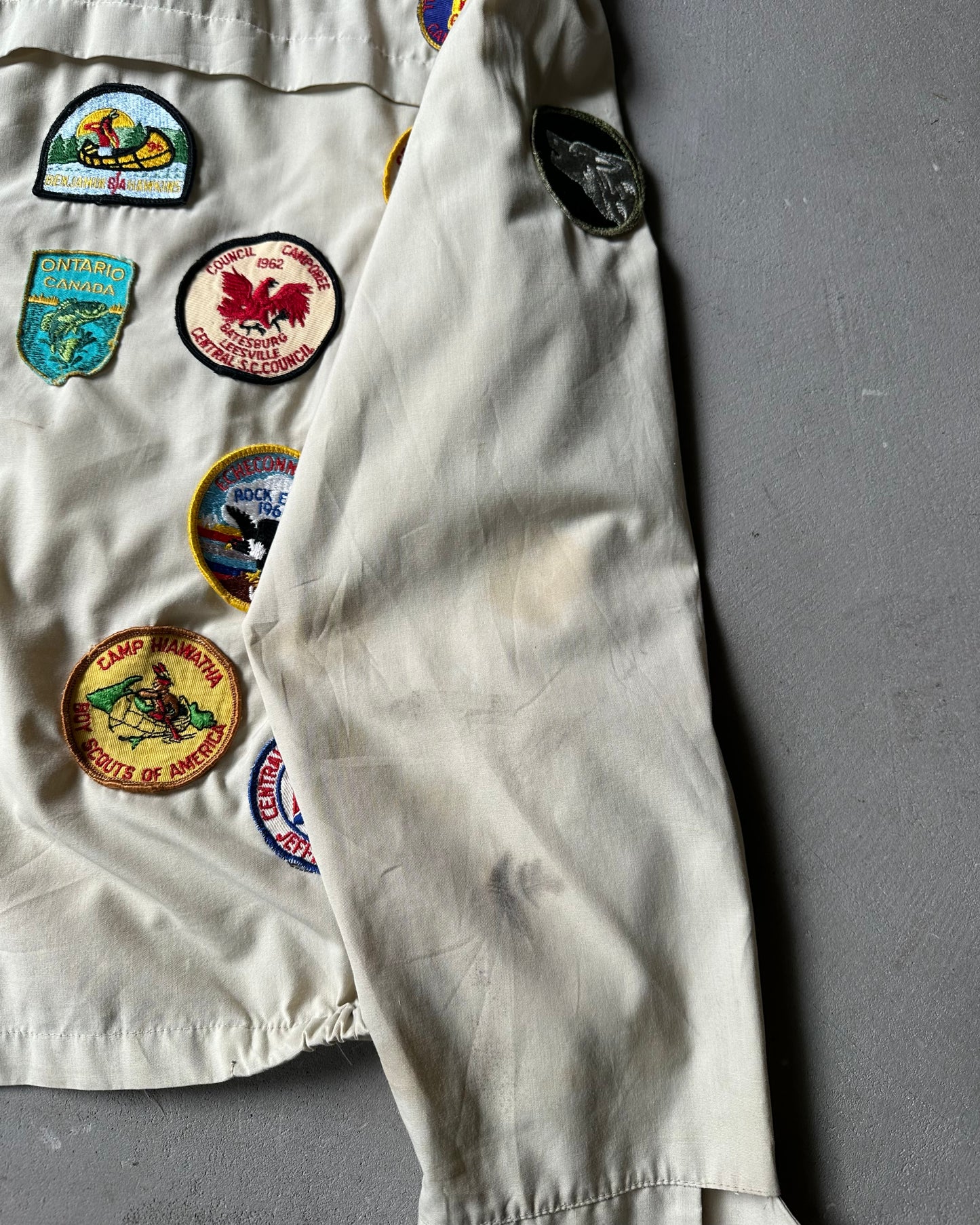 1980s - Distressed Cream Patchwork Harrington Jacket - M