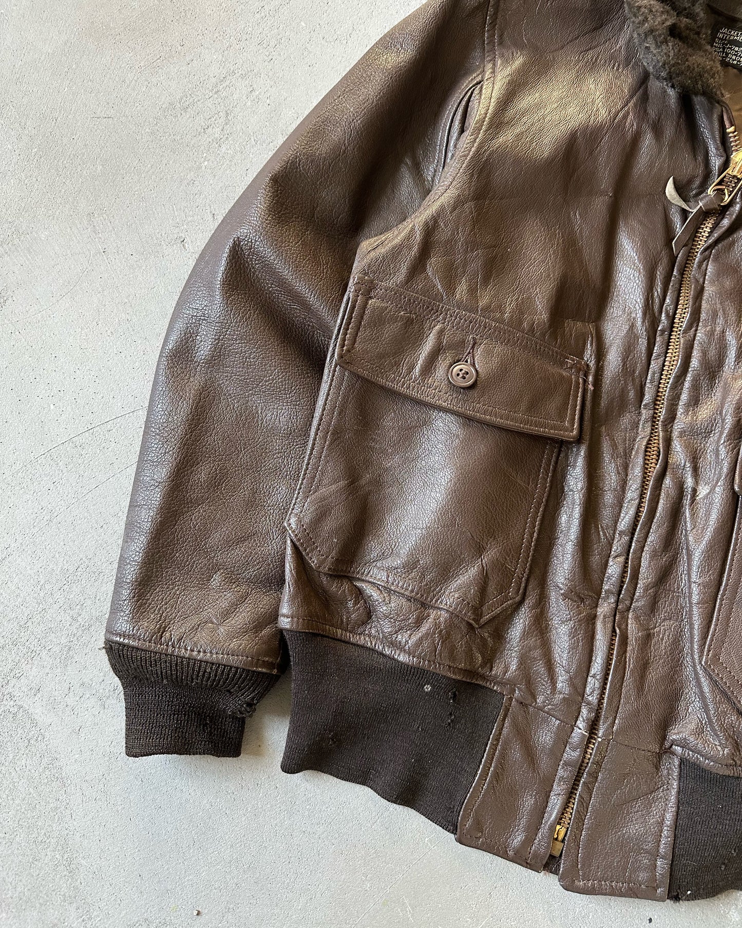 1970s - Distressed Brown USN Aviator Leather Jacket - S