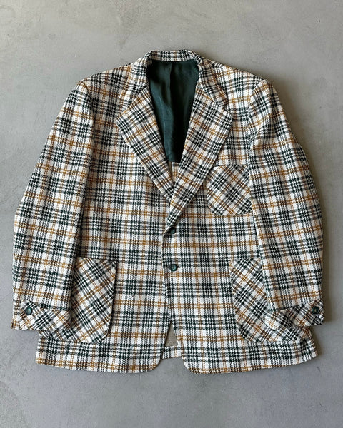 1970s - Cream/Green Plaid Polyester Blazer Jacket - 44
