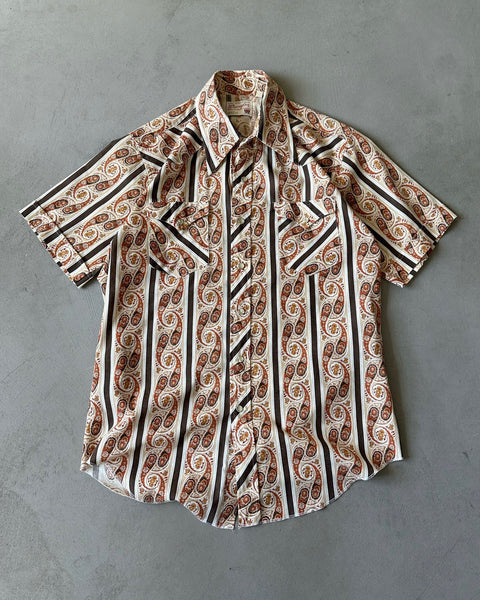 1970s - Brown/Orange Wrangler Paisley Pearl Snap Shirt - 16