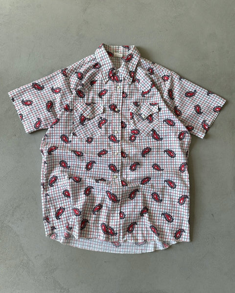 1980s - White/Red Paisley Pearl Snap Shirt - L