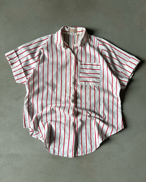 1980s - White/Red Striped Women's Blouse - (W)XL