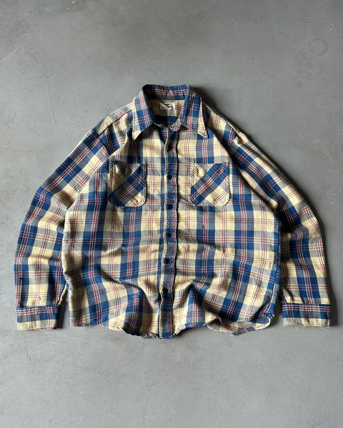 1990s - Distressed Butter/Blue Plaid Flannel - XL