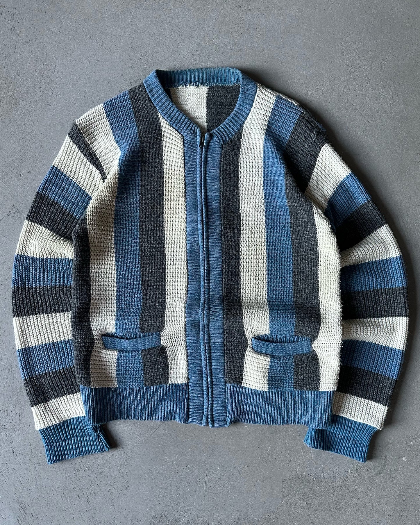 1960s - Grey/Blue Striped Zip Up Sweater - S