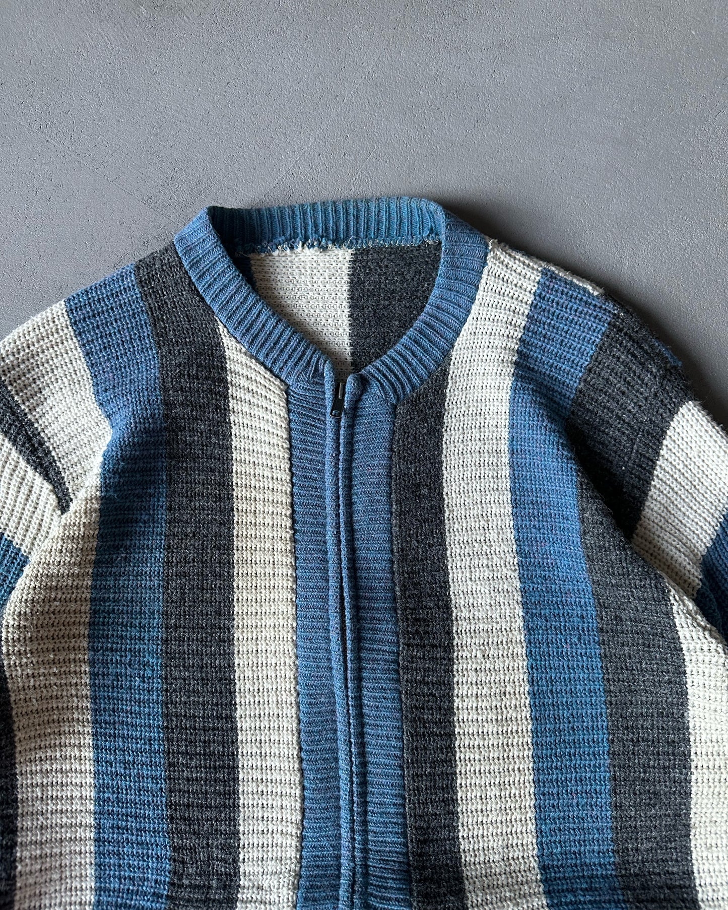 1960s - Grey/Blue Striped Zip Up Sweater - S