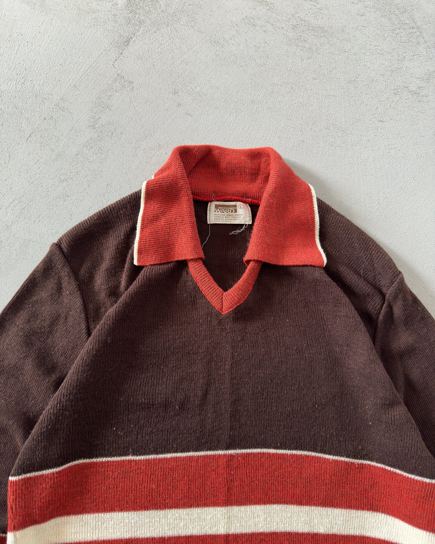 1980s - Brown/Orange Montgomery Orlon Polo Sweater - M
