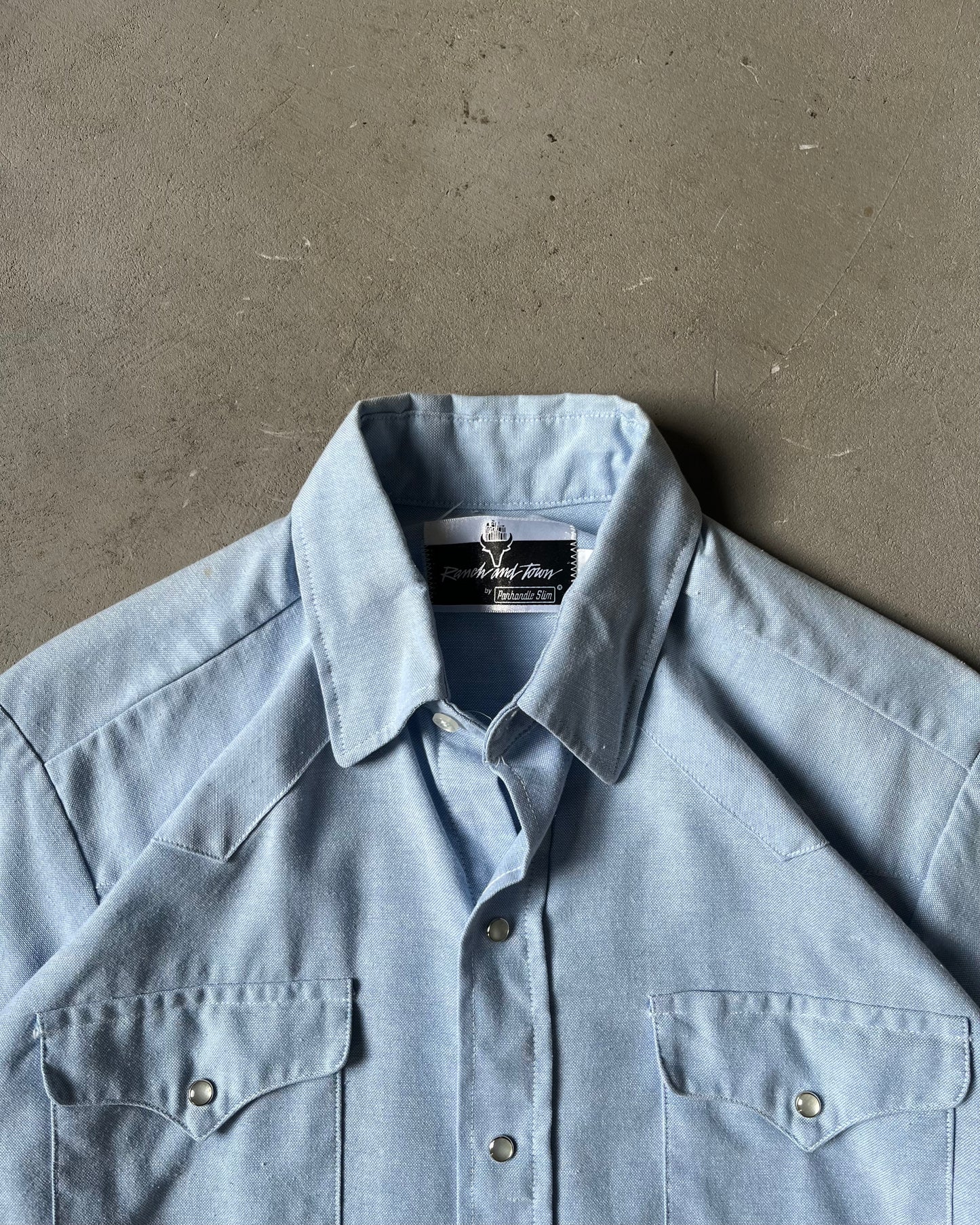 1980s - Blue Oxford Pearl Snap Shirt - S/M
