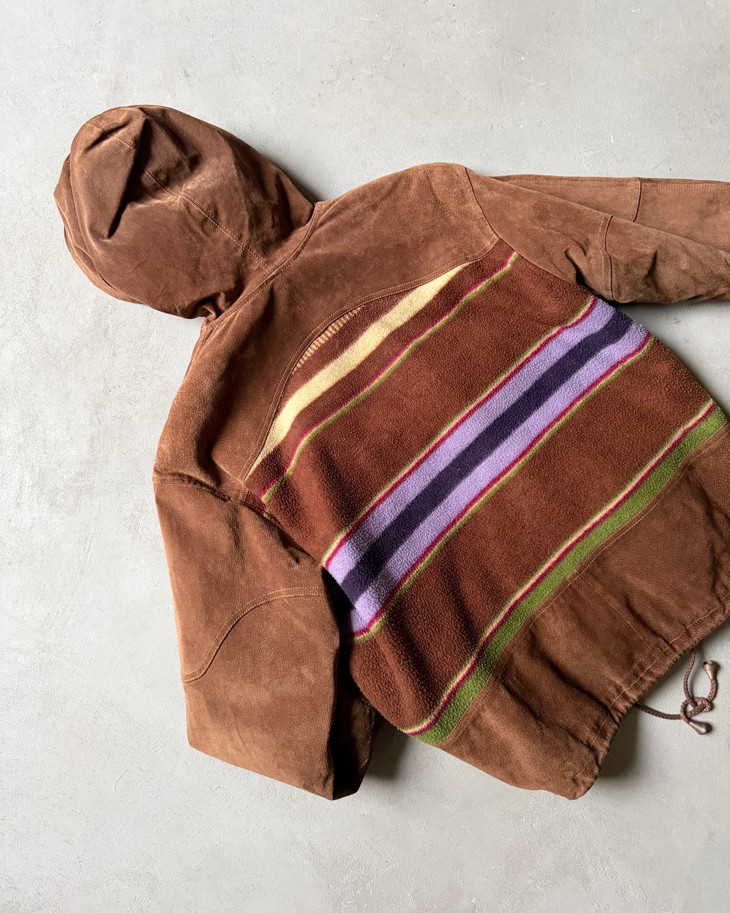 1990s - Brown/Multi Striped Suede Hooded Bomber Jacket - L