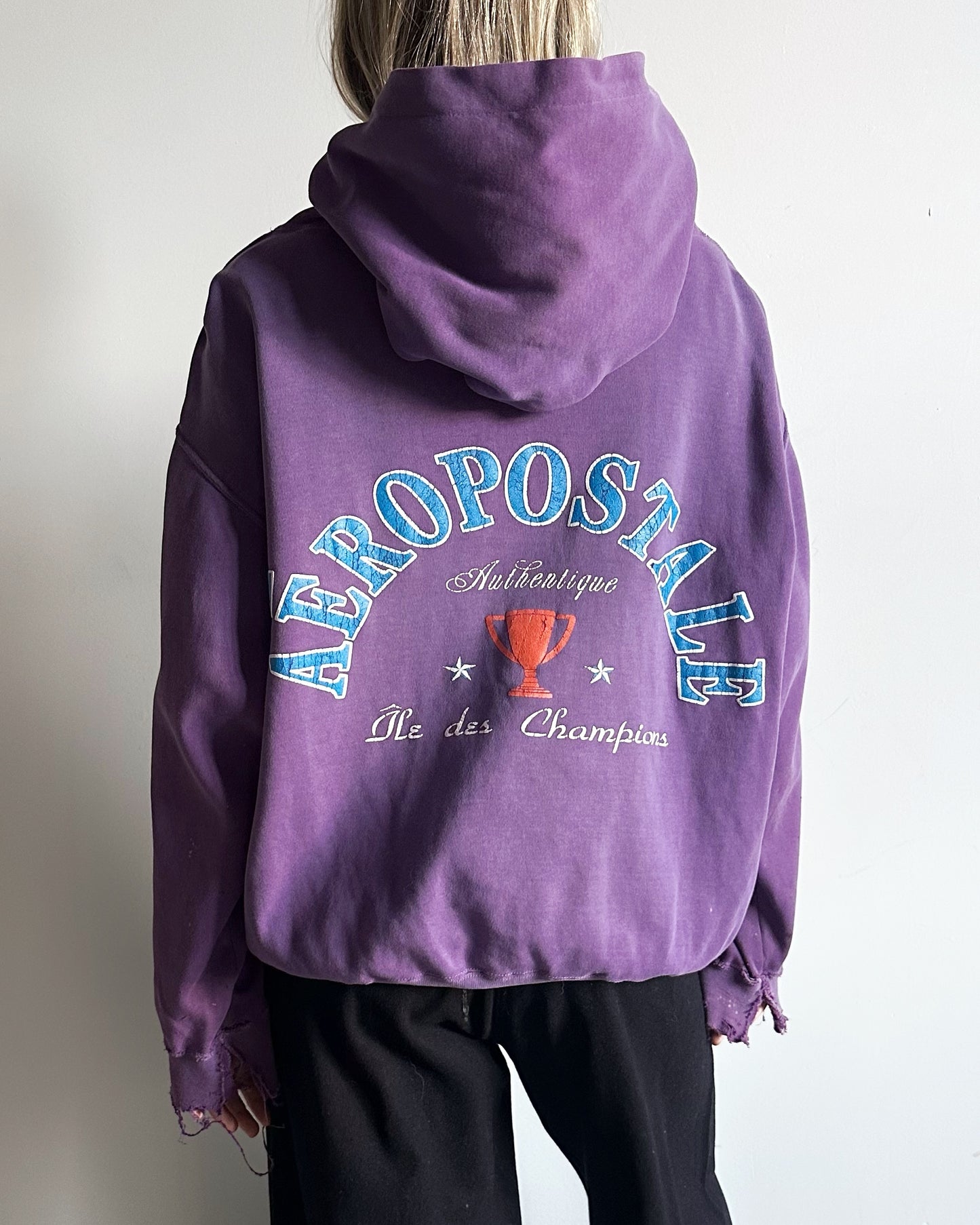 1990s - Distressed Purple Aeropostale Cropped Hoodie - M