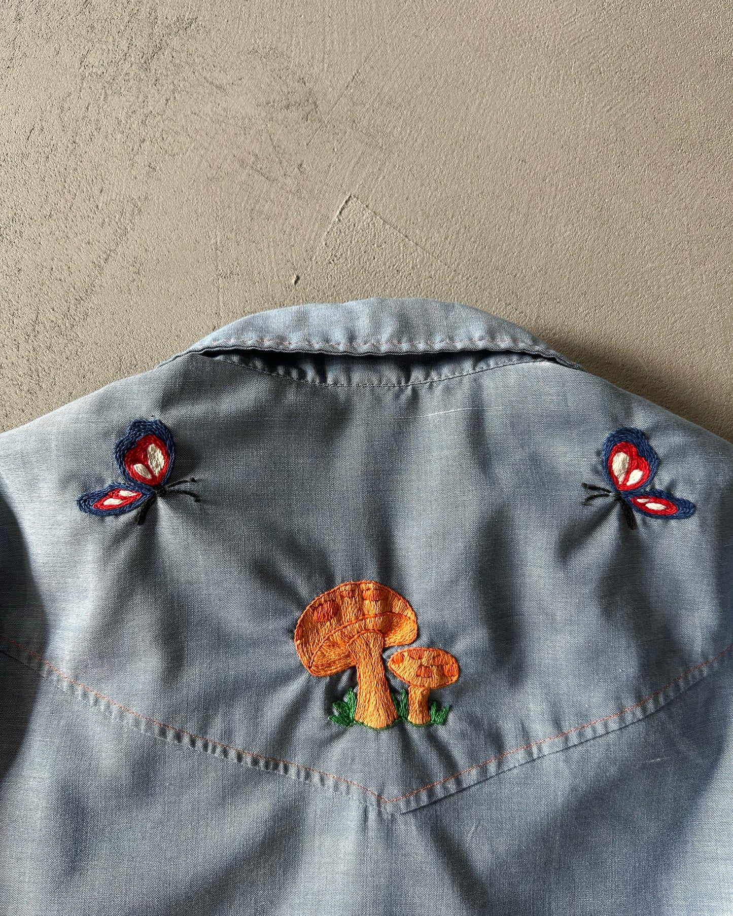 1970s - Mushrooms/Musical Notes Chambray Button Up - XS/S