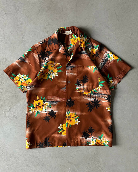 1970s - Brown Hawaiian Loop Collar Shirt - S