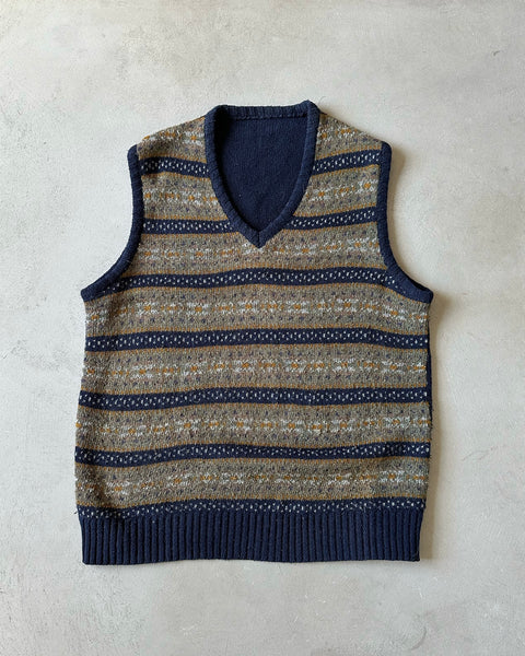 1990s - Navy/Yellow Fair Isle Wool Sweater Vest - L