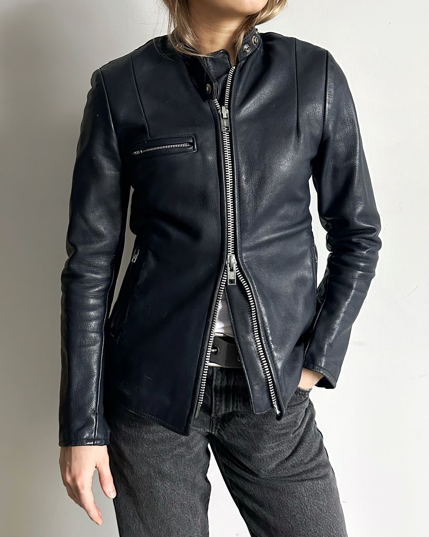 1970s - Dark Navy Brimaco Women's Leather Jacket - (W)XXS/XS