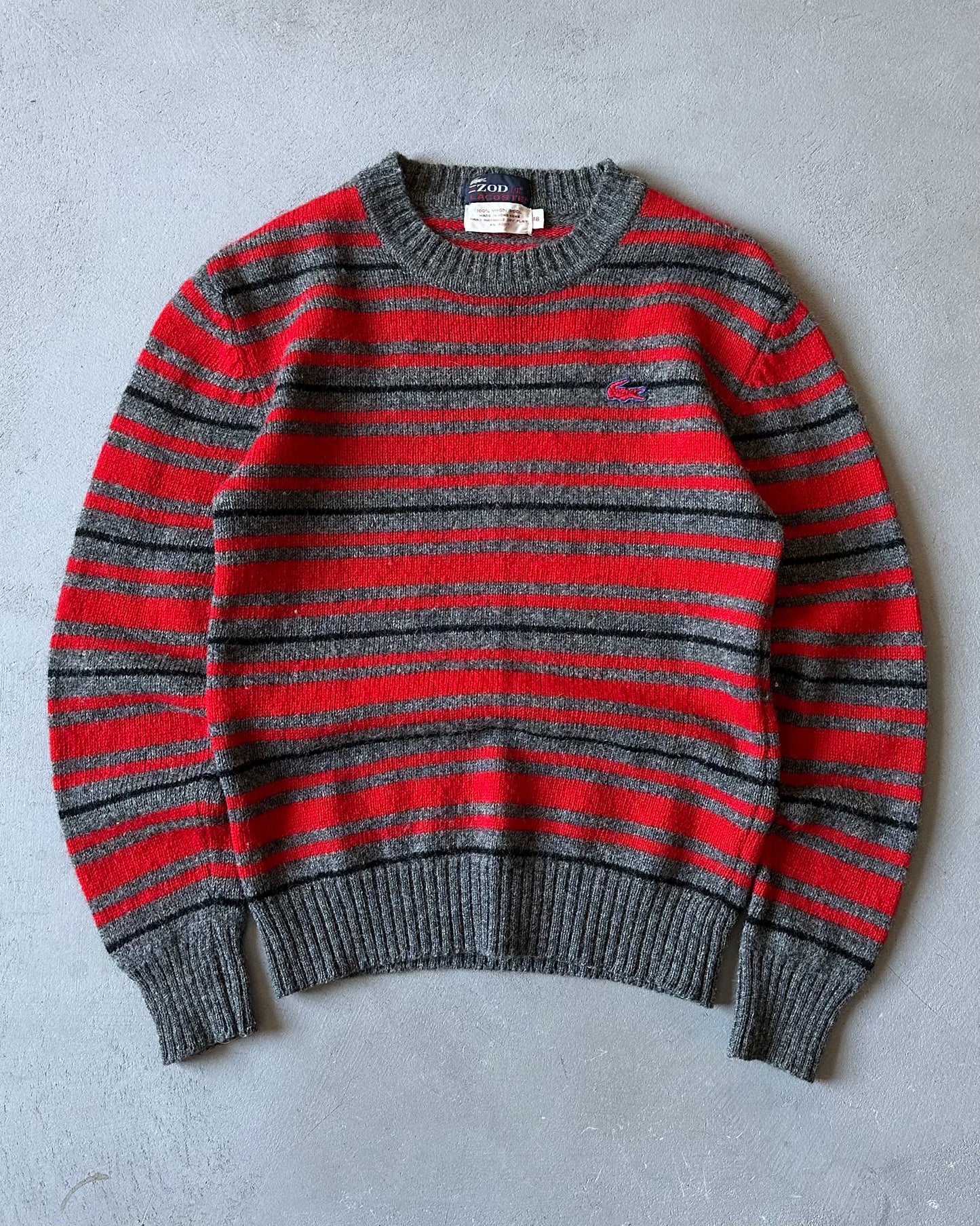 1980s - Grey/Red Lacoste Striped Sweater - (W)XS/S
