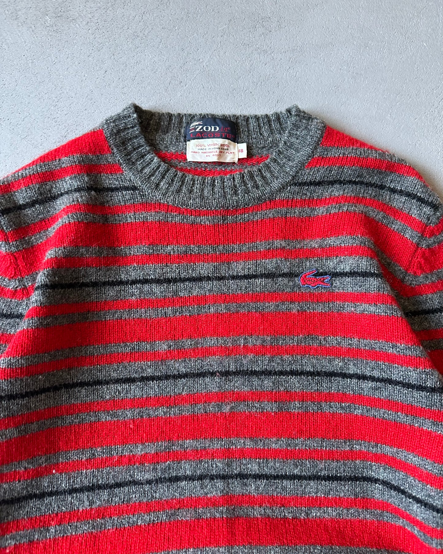 1980s - Grey/Red Lacoste Striped Sweater - (W)XS/S