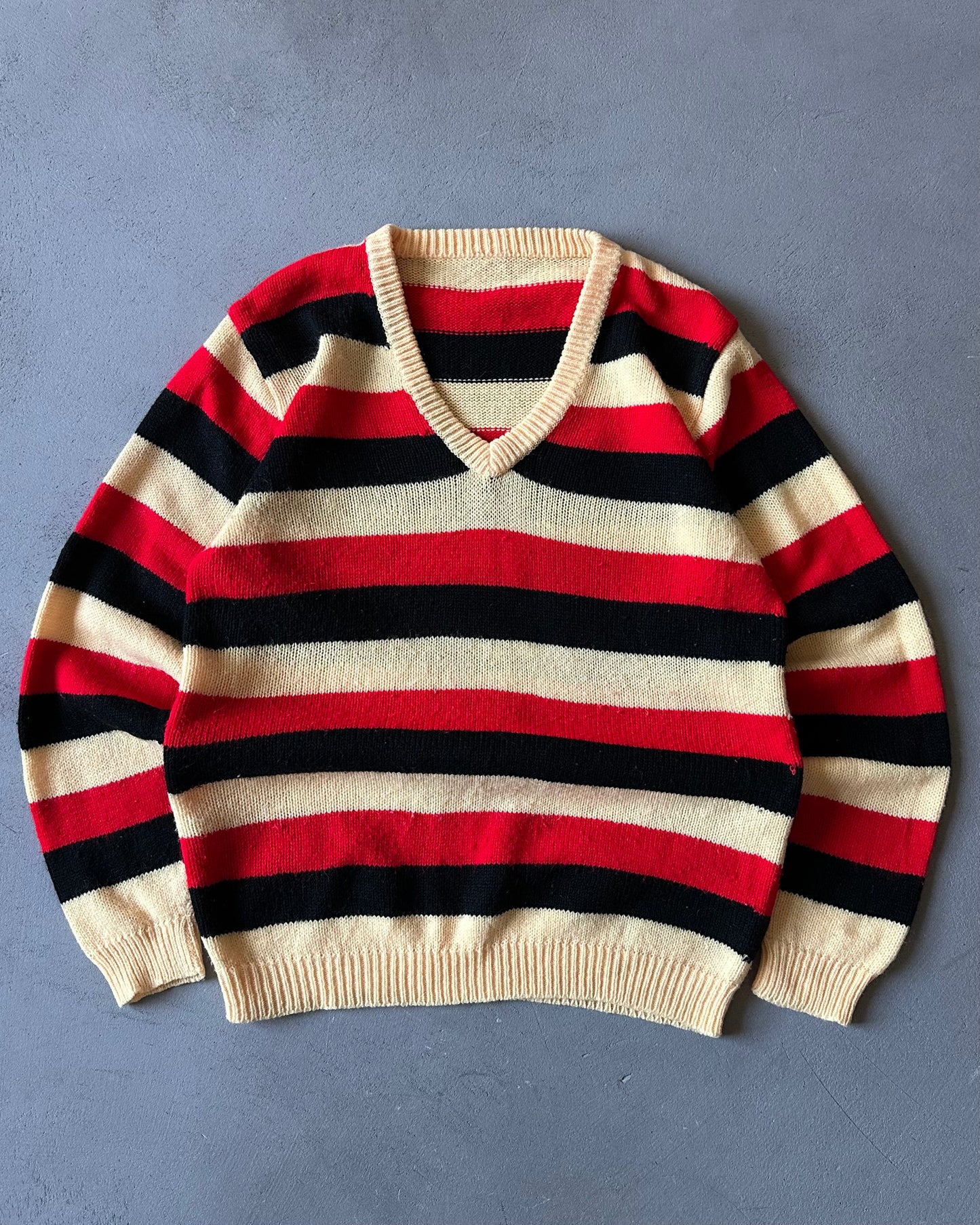 1980s - Red/Black Striped V Sweater - (W)XS/S