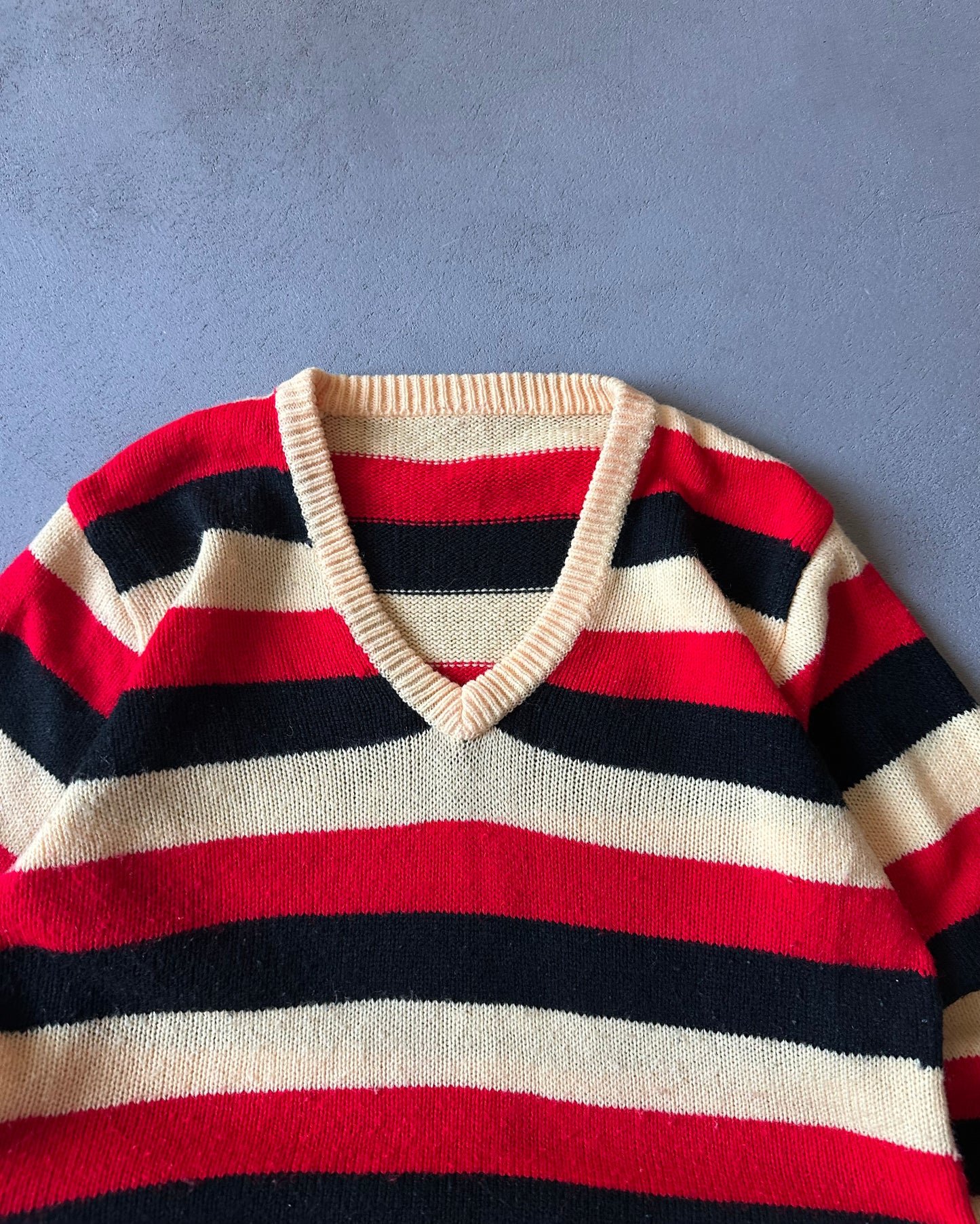 1980s - Red/Black Striped V Sweater - (W)XS/S