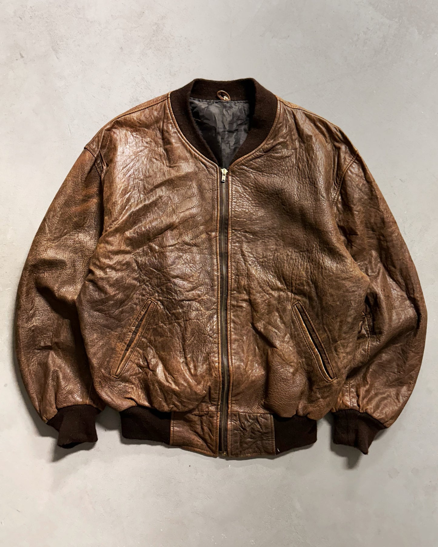 1970s - Brown Leather Bomber Jacket - L