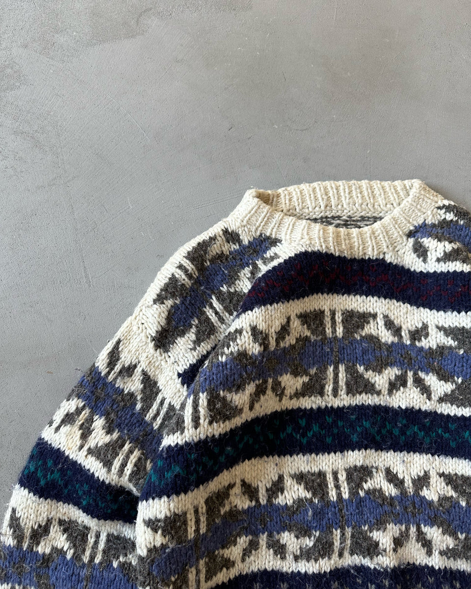 1990s - Cream/Navy Nordic Wool Sweater - M/L