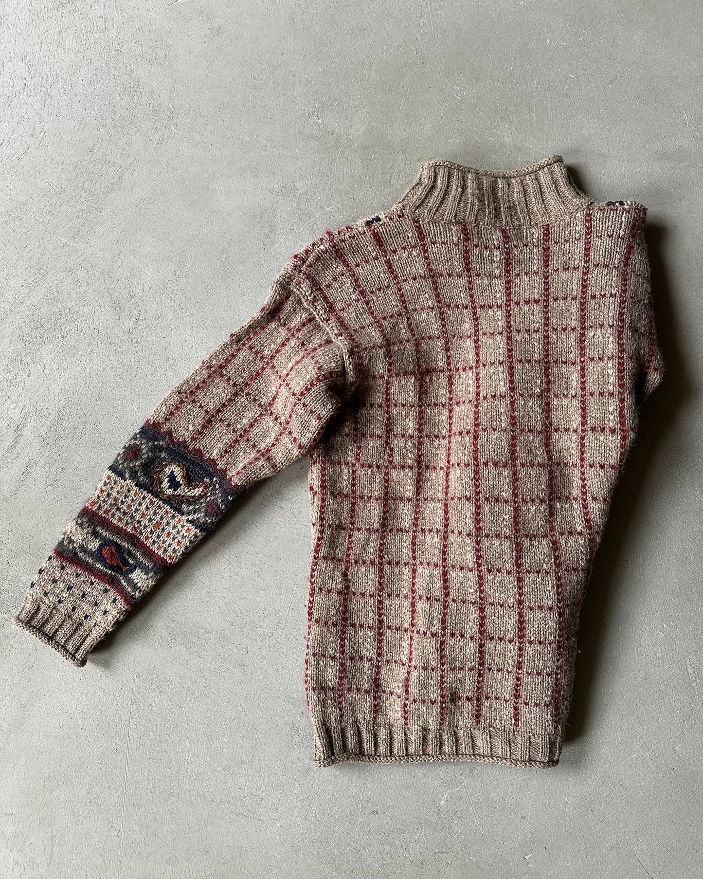 1980s - Brown/Multi Checkered Paisley Wool Sweater - (W)L