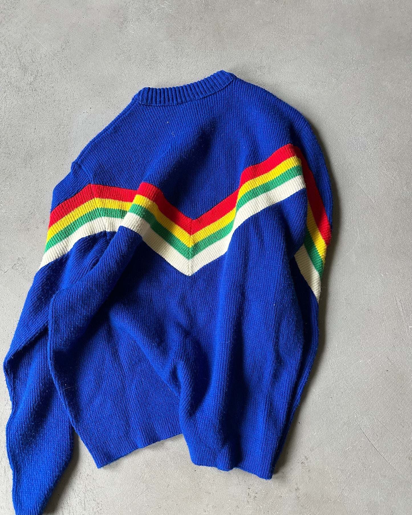 1970s - Blue/Multi Sears V-Striped Knitted Sweater - M/L