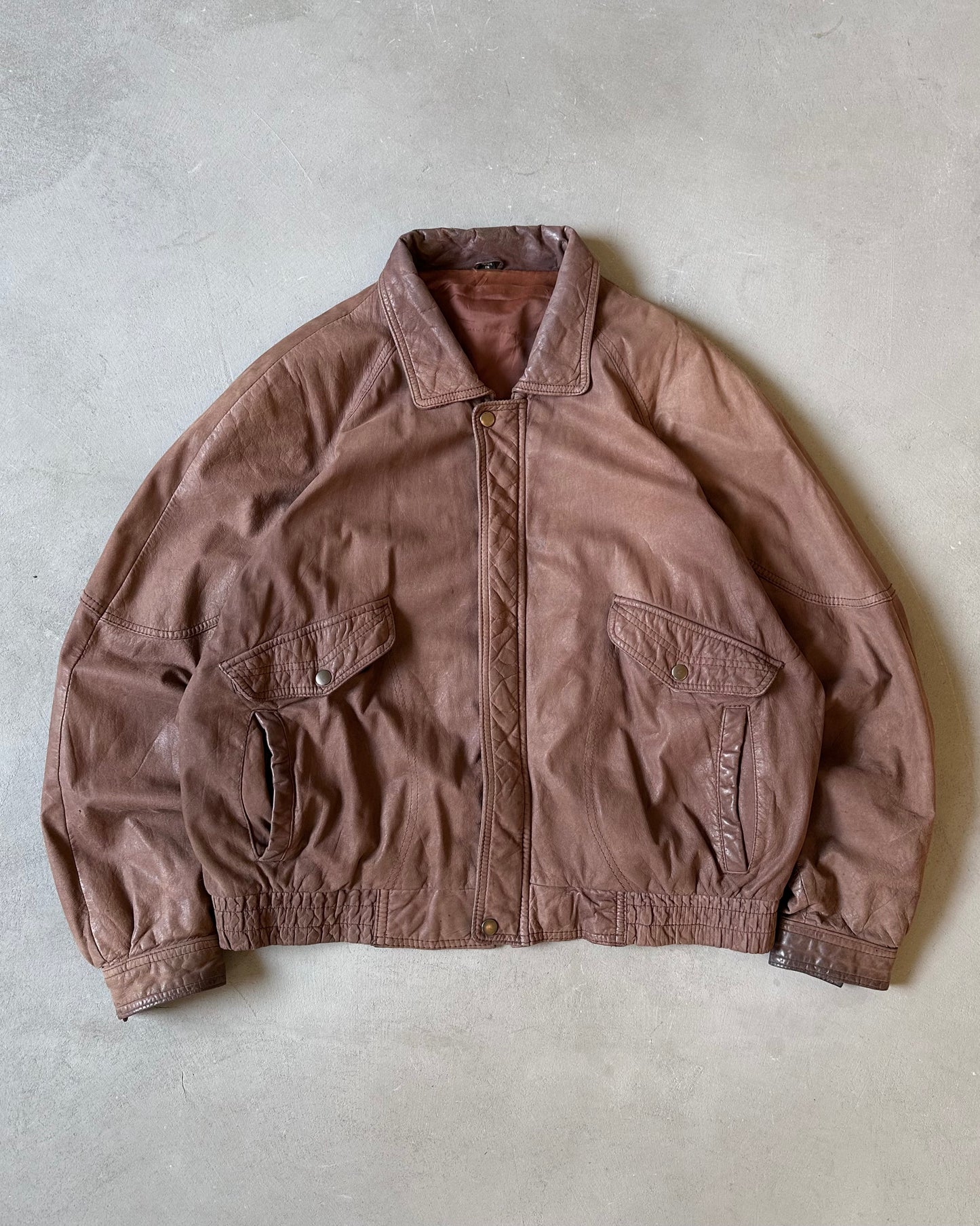 1990s - Faded Brown Leather Bomber Jacket - L