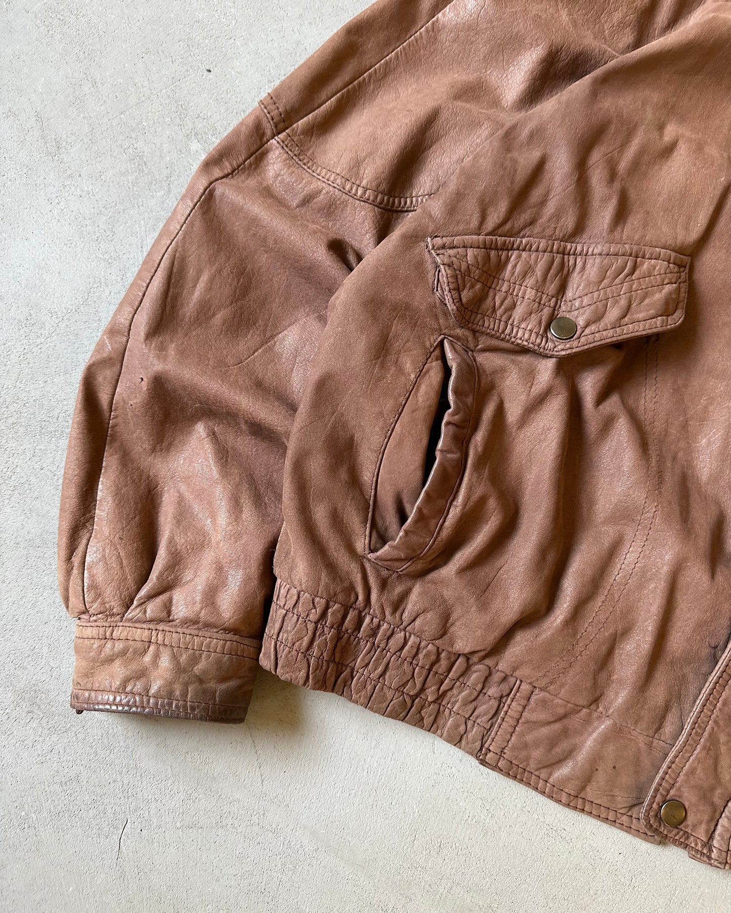 1990s - Faded Brown Leather Bomber Jacket - L