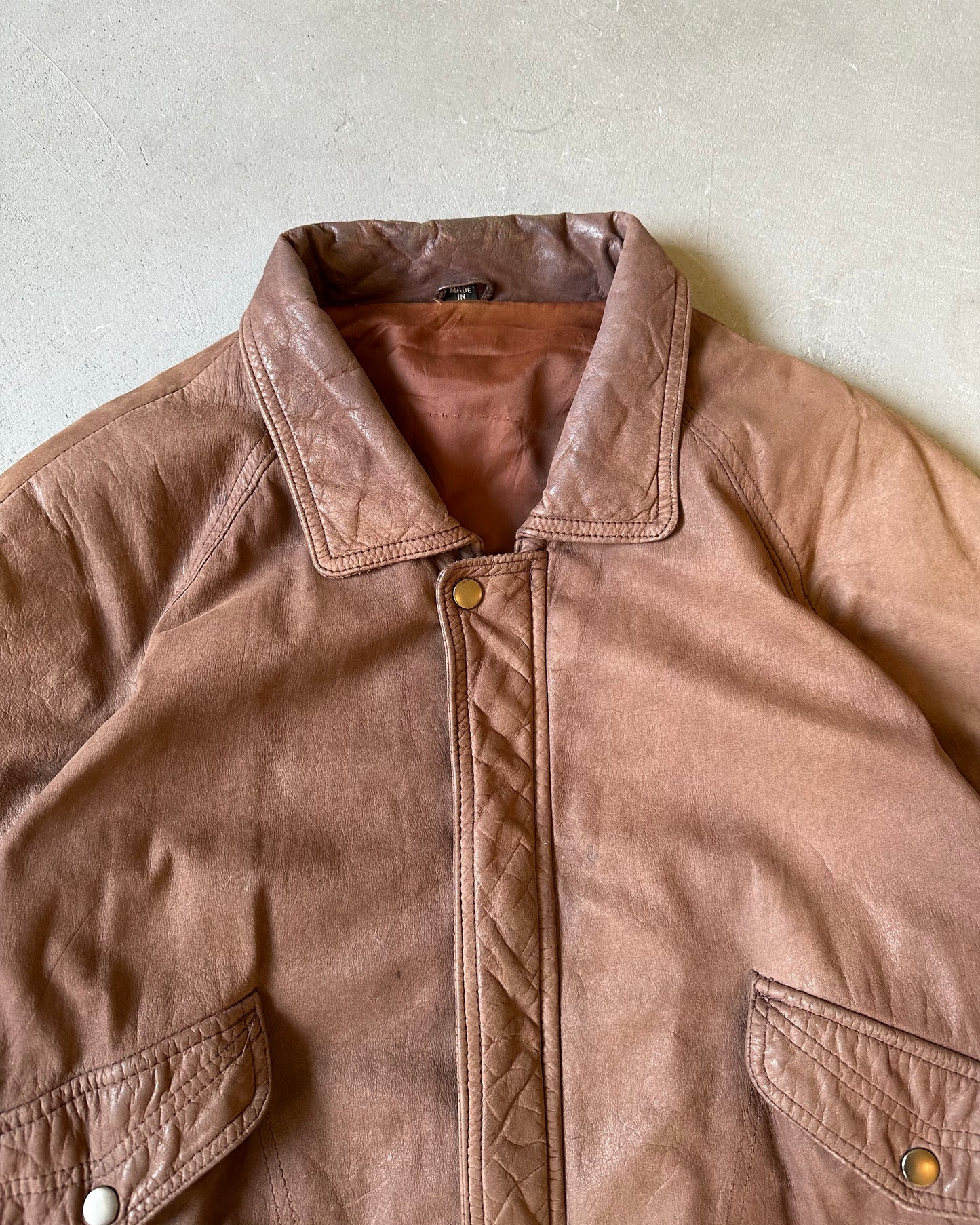 1990s - Faded Brown Leather Bomber Jacket - L