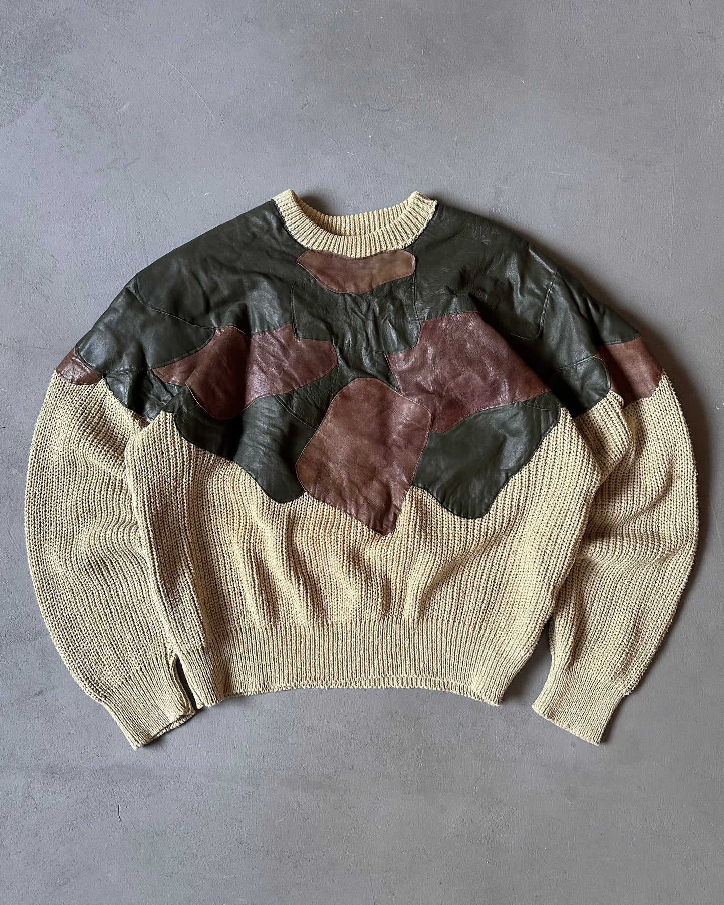 1980s - Distressed Beige Leather Patchwork Sweater - L