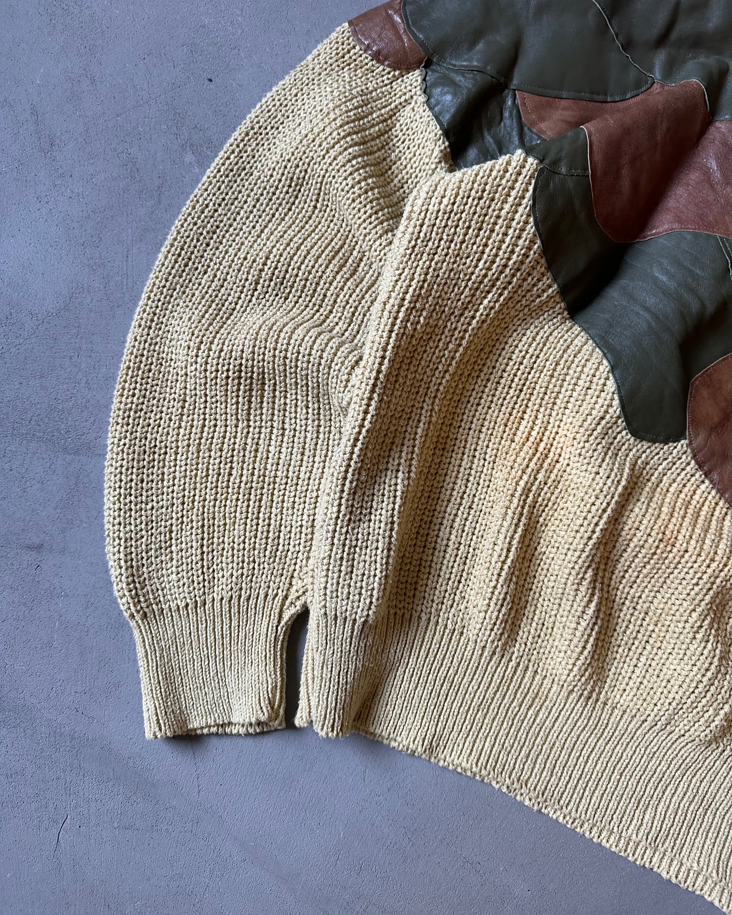 1980s - Distressed Beige Leather Patchwork Sweater - L