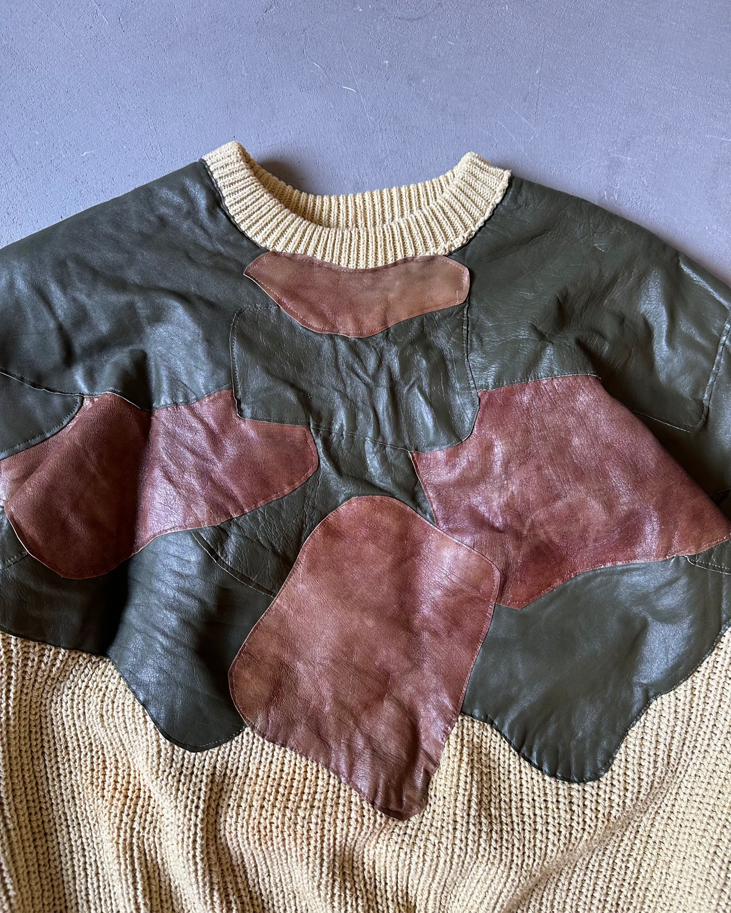 1980s - Distressed Beige Leather Patchwork Sweater - L
