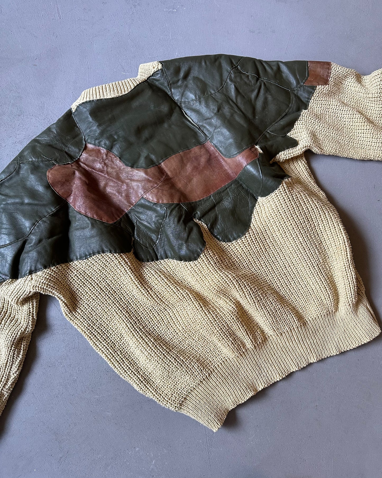 1980s - Distressed Beige Leather Patchwork Sweater - L
