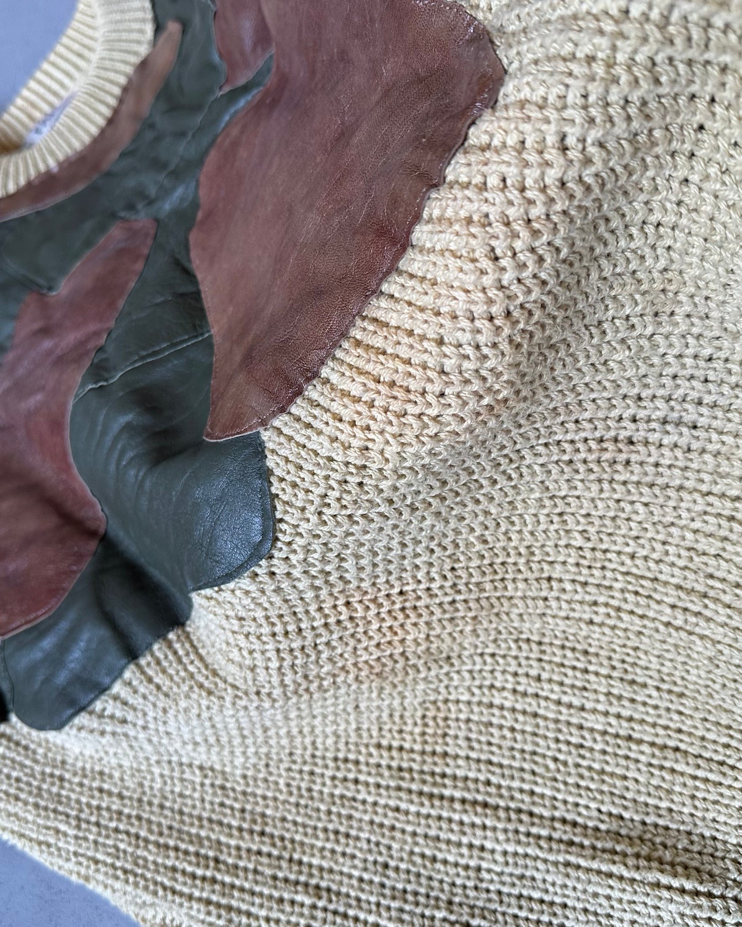 1980s - Distressed Beige Leather Patchwork Sweater - L