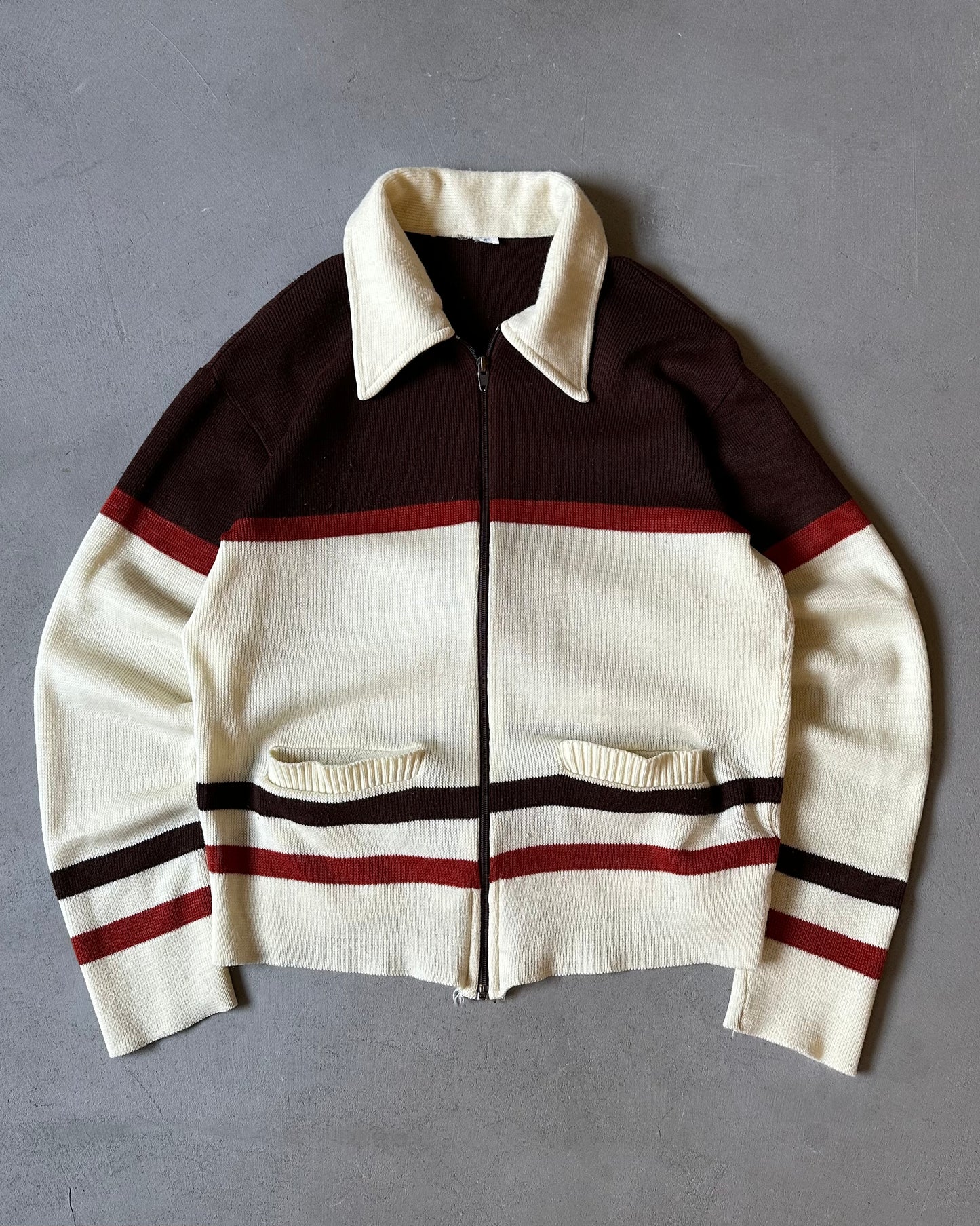 1970s - Cream/Brown Knitted Zip Up Sweater - S/M