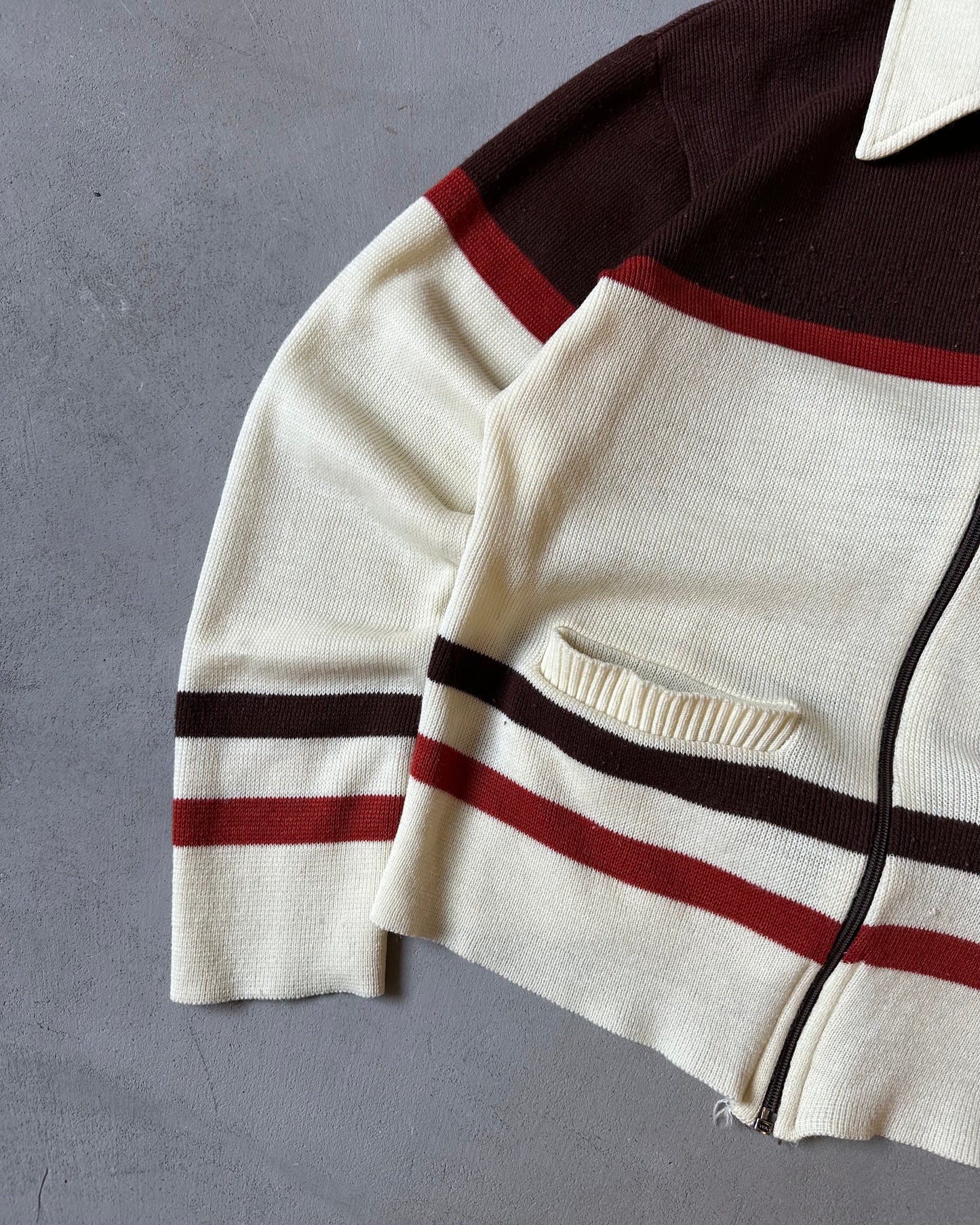1970s - Cream/Brown Knitted Zip Up Sweater - S/M