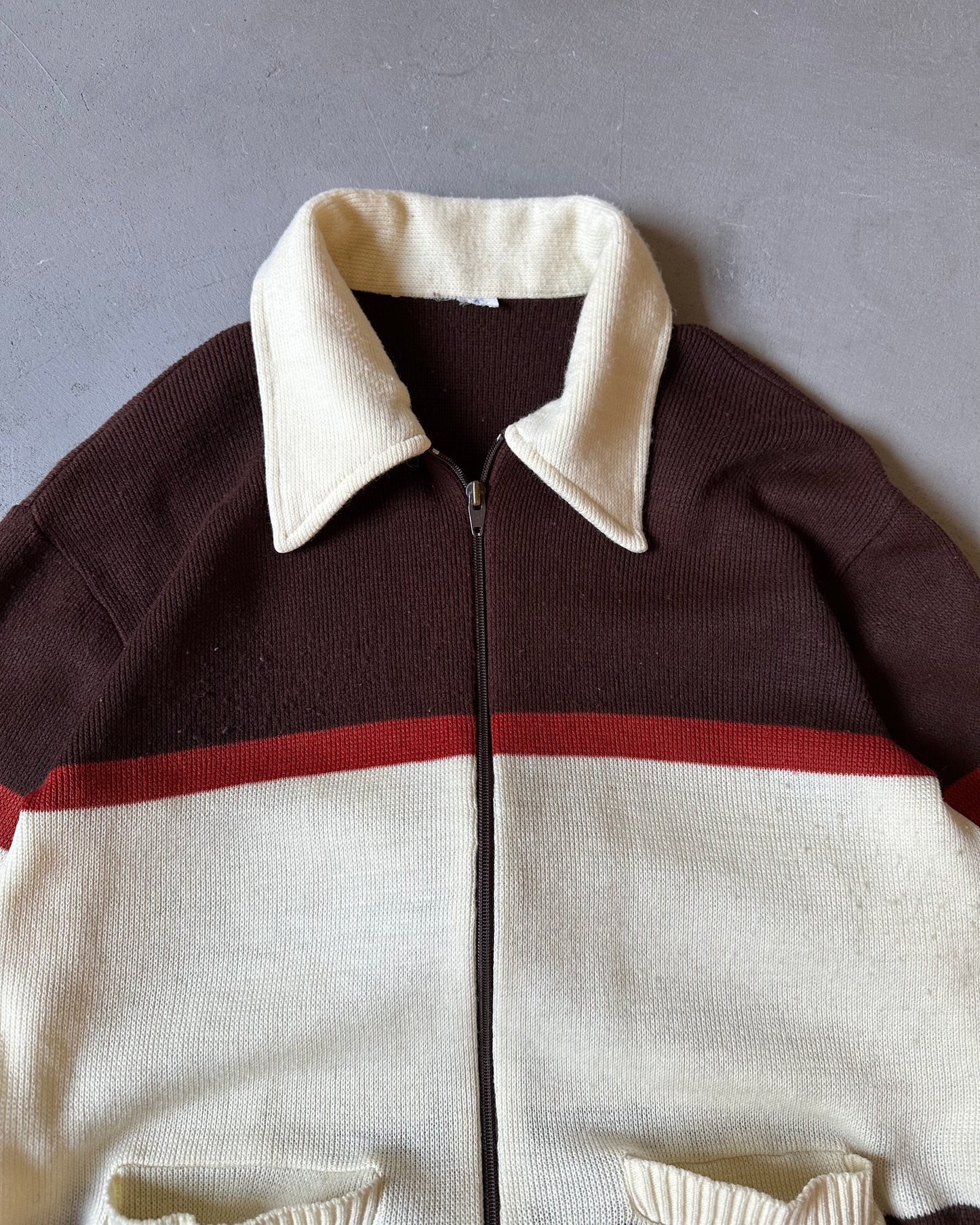1970s - Cream/Brown Knitted Zip Up Sweater - S/M