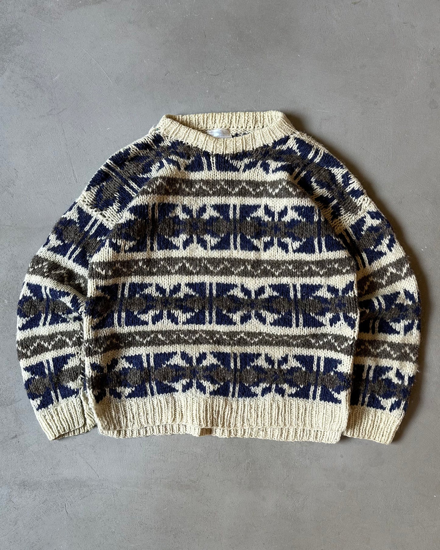 1990s - Distressed Cream/Blue Nordic Sweater - M