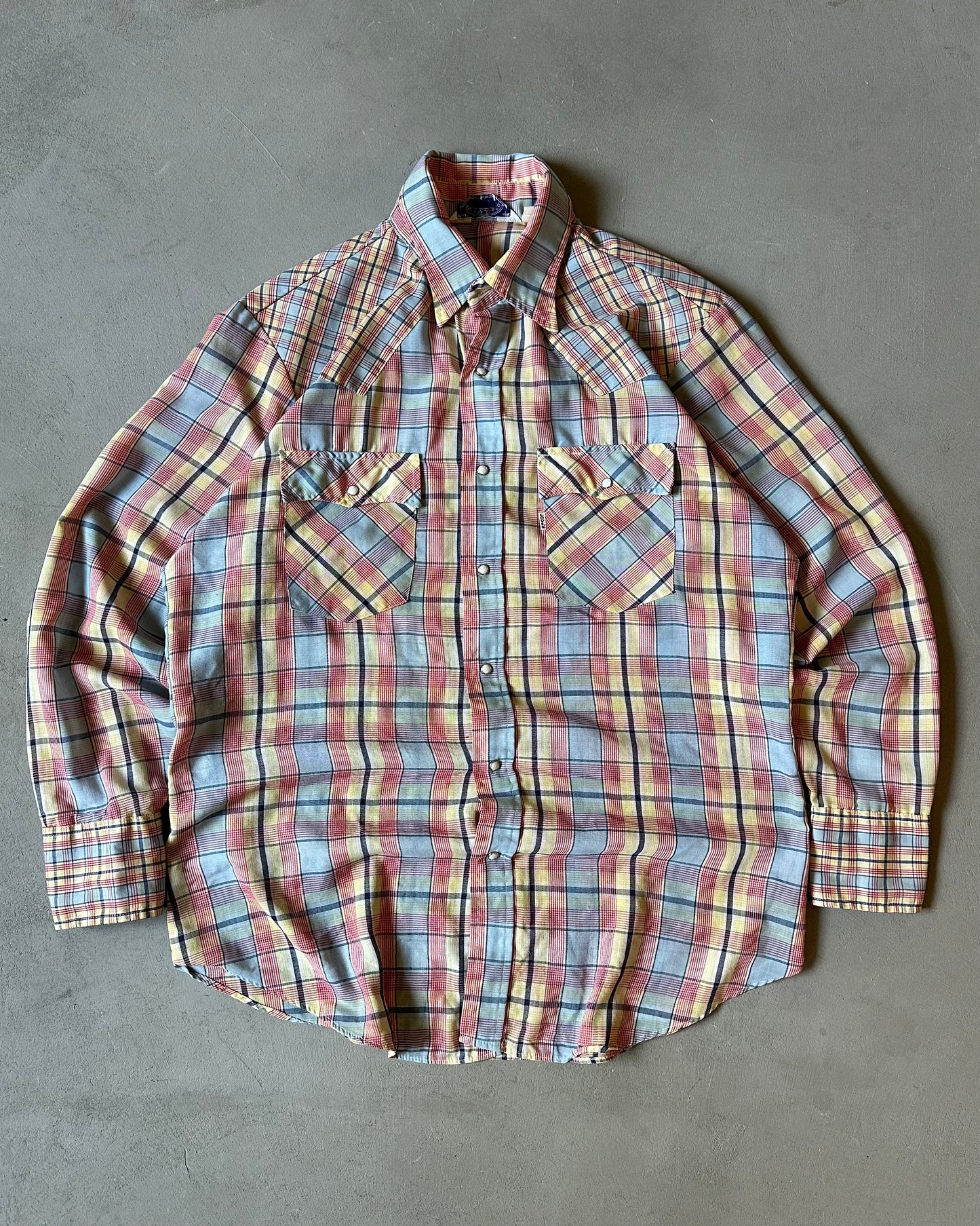 1970s - Blue/Yellow Levi's Plaid Pearl Snap Shirt - L