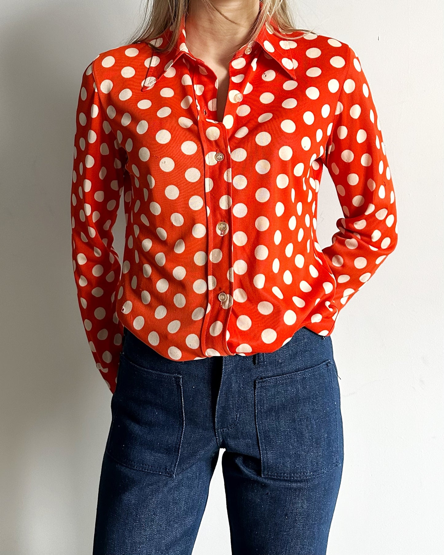 1960s - Distressed Red/Cream Polka Dots Women's Button Up - (W)S