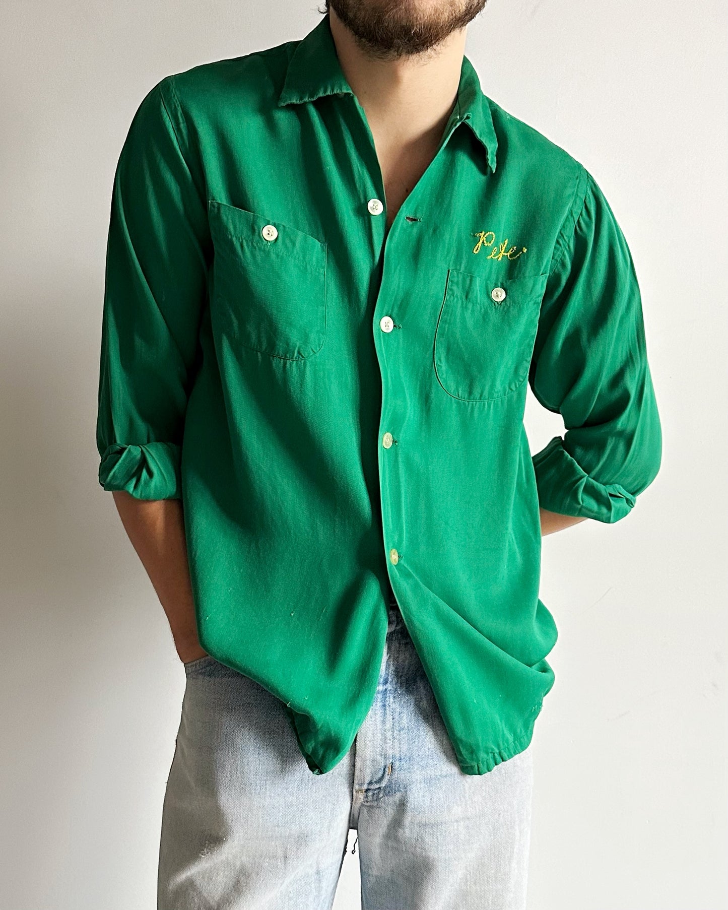 1970s - Distressed Green "Ferncroft Alleys" Loop Collar Shirt - S