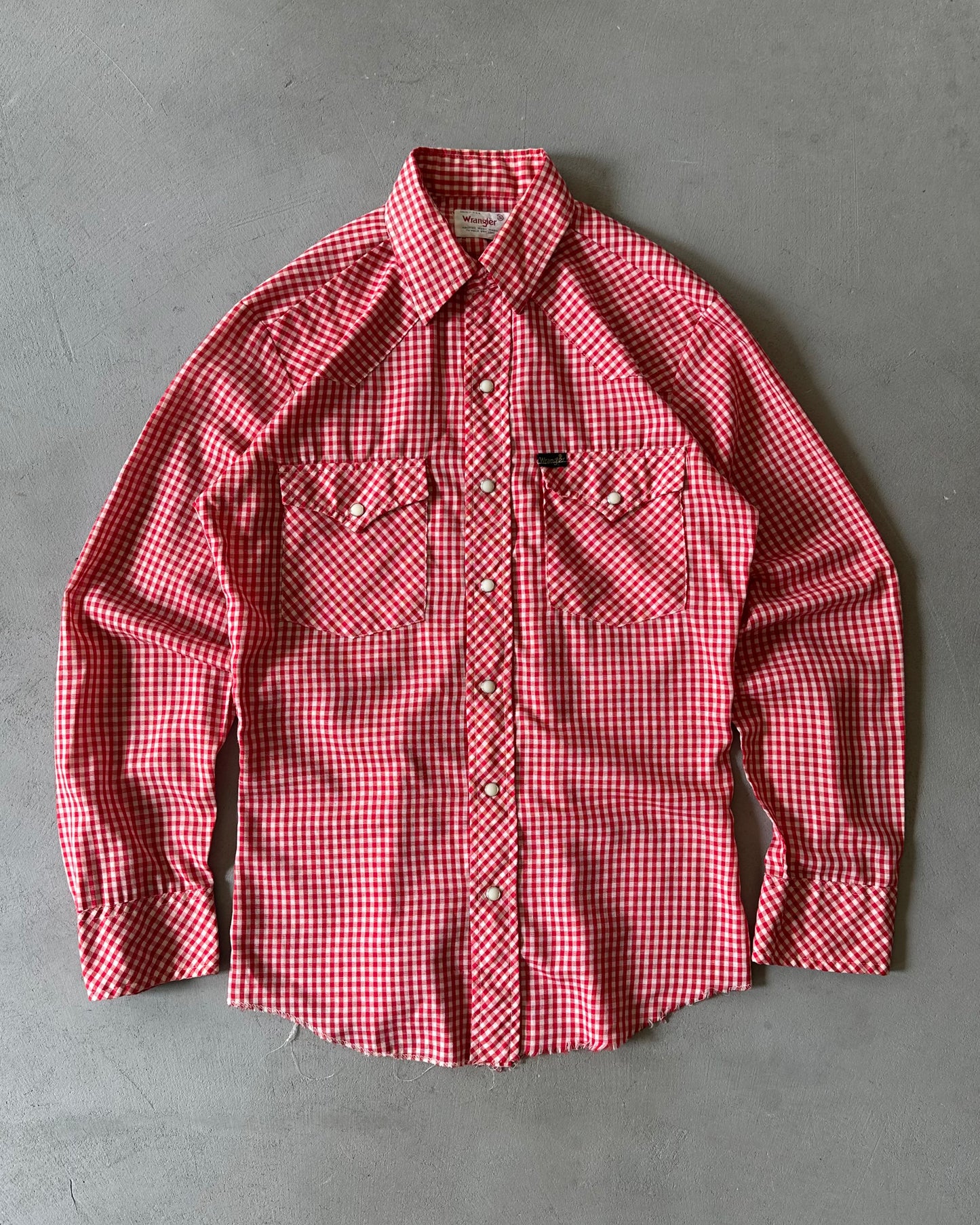 1980s - Distressed Red/White Wrangler Plaid Pearl Snap - S