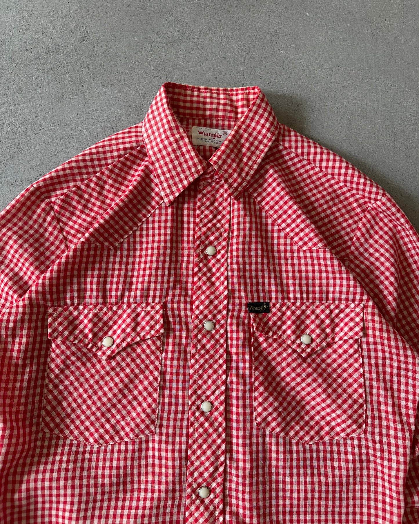 1980s - Distressed Red/White Wrangler Plaid Pearl Snap - S