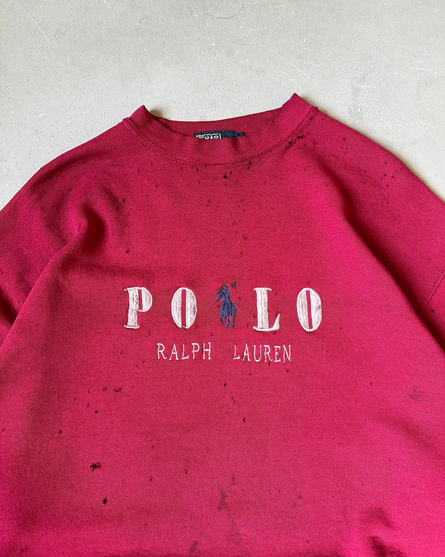 1990s - Distressed Burgundy Polo RL Crewneck - L/XL