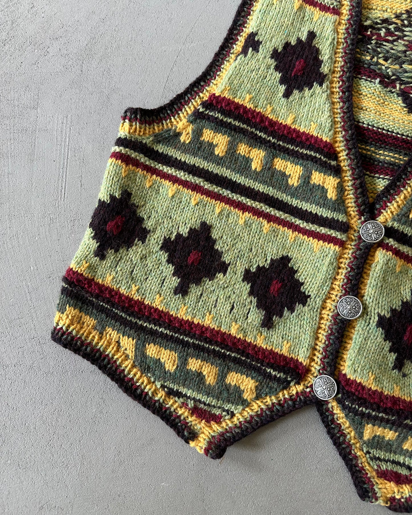 1990s - Green/Yellow Aztec Wool Women's Sweater Vest - (W)L