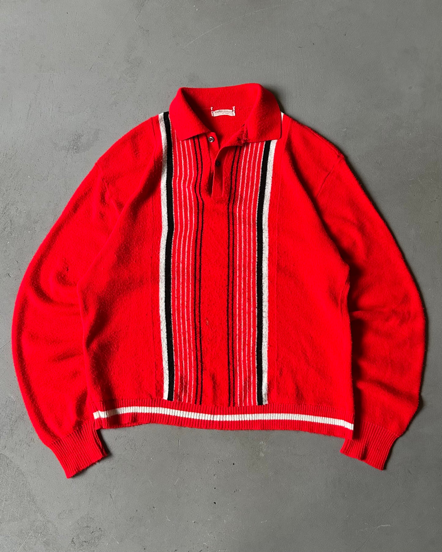 1960s - Red Striped Orlon Longsleeve Polo - L